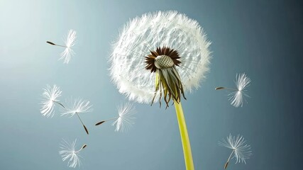 Dandelion in bloom with flying seeds against blue background