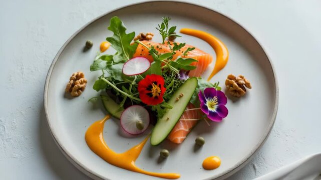 Top-Down View of a Sophisticated and Simple Fine Dining Smoked Salmon Salad on a Dish. Appetizer Composed of Courgette, Nasturtiums, Radish, Capers, and Walnuts.