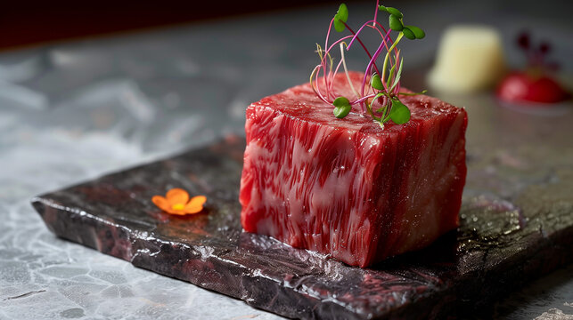 Square-cut raw Wagyu steak centered in black marble tray.
