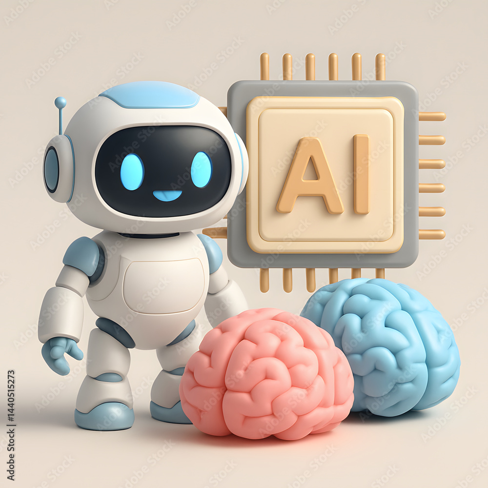 Poster ai robot and brain: a friendly ai robot stands beside a microchip and two brains, symbolizing artifi
