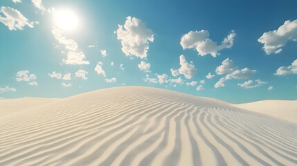 Naklejka premium White sand dunes in the arid desert landscape stretch towards the blue sky, with wind creating sandy dunes under the summer clouds