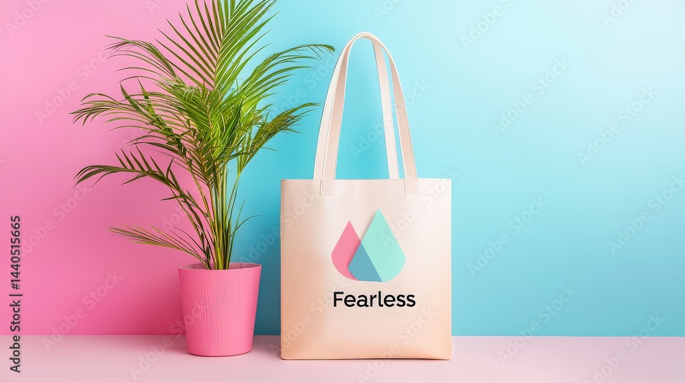 Poster minimal tote bag design with geometric shapes and the word 