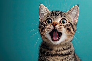 cat surprised, scared with open mouth on plain colored background. unusual light.