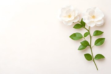 Two pristine white roses with lush green leaves on a light beige background, arranged elegantly