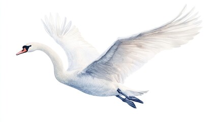 Obraz premium A graceful white swan in flight, wings spread wide against a white background.