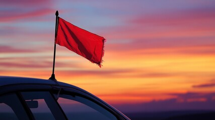 Red flag on car with sunset background