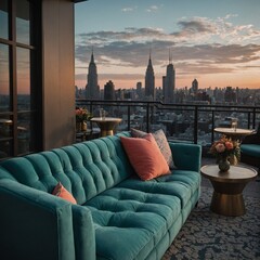 A teal and coral sofa inside a chic rooftop bar.