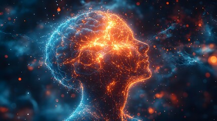 Glowing Neural Network Head in Profile View: Artificial Intelligence and Human Brain Connection Representation