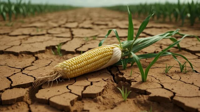 The effects of climate change and ongoing drought are clear. A dry, cracked cornfield and withered corn roots symbolize challenges facing agriculture.