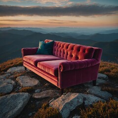 A colorful velvet sofa on a high mountain peak at dawn.