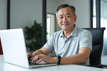 Fototapeta premium Mature Asian businessman working remotely on a laptop from a home office, wearing a casual polo shirt and smiling gently at the camera in a relaxed workspace setting