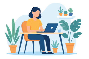Woman Working on Laptop at Home Office, Remote Work Concept Illustration