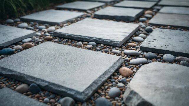 Footpath Background with Natural Stone Tiles. Gravel and Slab Walkway. Garden Pathway Constructed from Stones. Textured Background or Surface Featuring Stones.