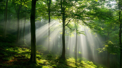 Obraz premium Misty morning sunlight rays through green forest trees create a magical woodland landscape