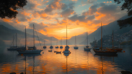 Sailboats at Sunset in a Mountain Lake -  Realistic Landscape Illustration