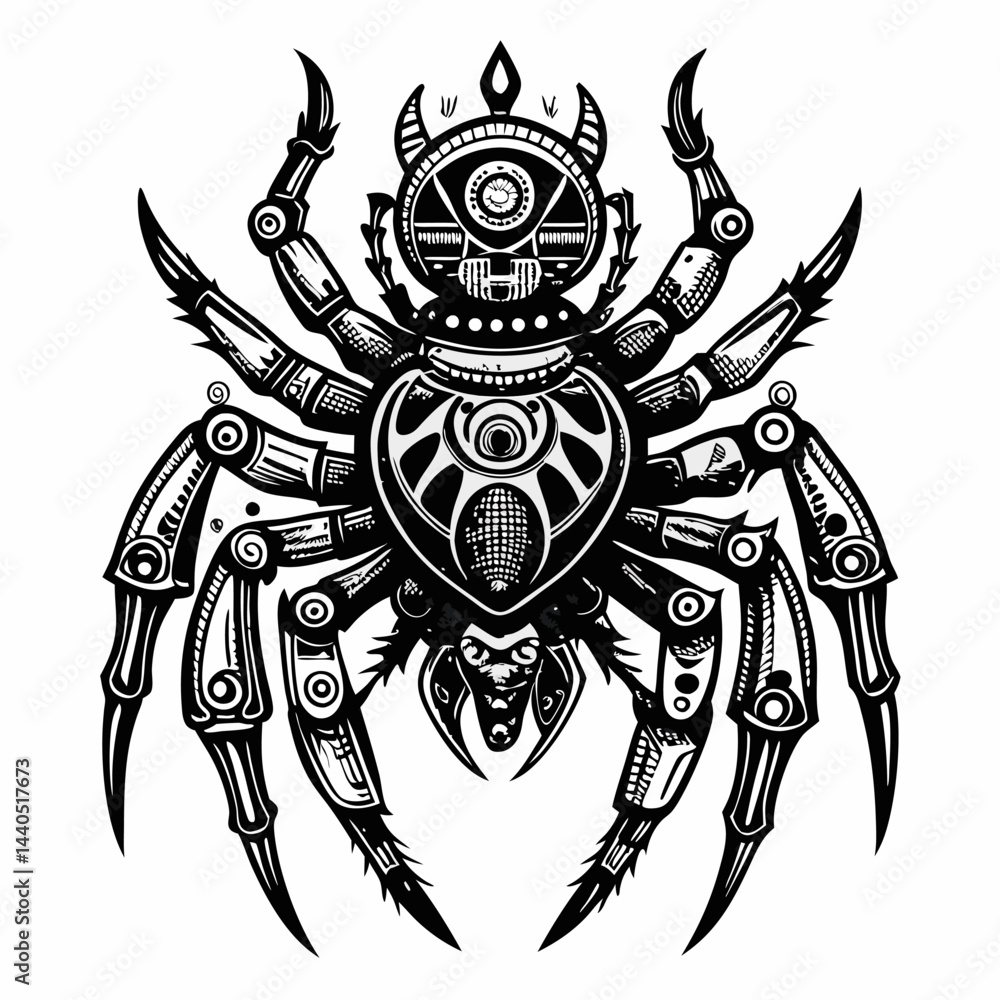 Poster intricate steampunk spider design with geometric patterns
