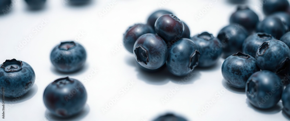 Poster close-up view of fresh blueberries scattered and clustered on a clean, white surface with soft shado