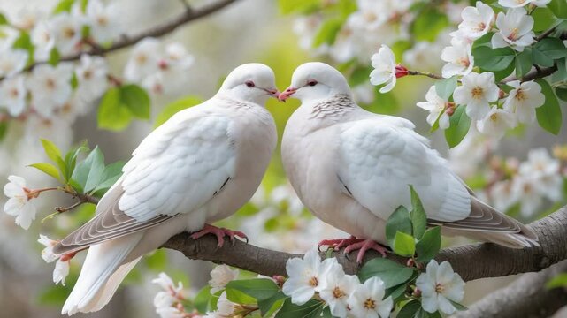Two white doves symbolizing love. A couple of pigeons resting on a tree amidst blooming gardens. Theme of unity.