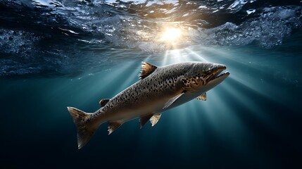 Fototapeta premium Underwater photography of salmon fish swimming upstream in natural sunlight capturing aquatic wildlife in a river scene