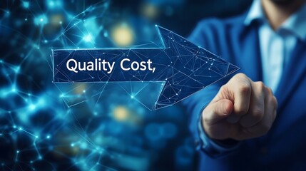 A professional displaying an arrow marked "Quality" and "Cost," set against a technology-inspired background, illustrating strategy