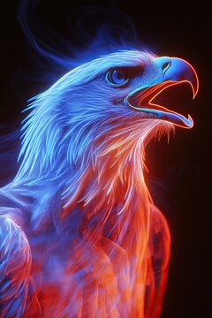 eagle, strong laughter. manifestations of human emotions of laughter. on a monochromatic colored background. neon multi-colored light. photo.
