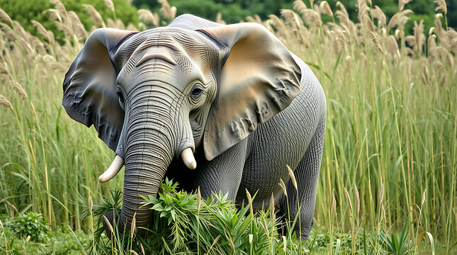 an elephant eating grass, branches or leaves in its natural habitat - Powered by Adobe
