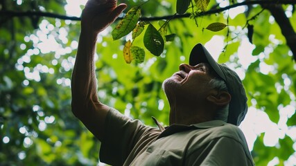 Mature man explores nature in a green forest
