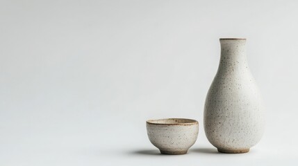 Rustic speckled ceramic sake carafe and cup set on light background with handmade finish