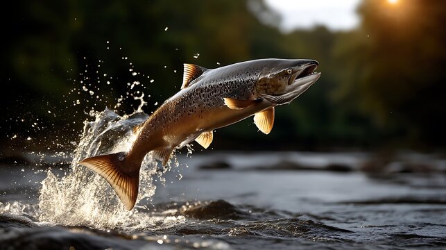 Salmon fish leaping upstream in natural sunlight underwater photography of aquatic wildlife river scene - Powered by Adobe