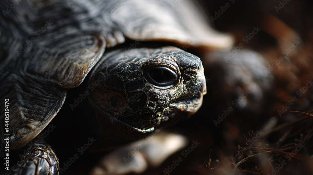 Poster close-up of a turtle's head and shell, showing fine details.