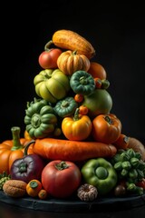 Tower of colorful gourds, squashes, and tomatoes stacked against a dark background, showcasing autumn harvest.