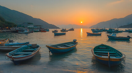 Boats Moored in Calm Waters at Sunset, Photo