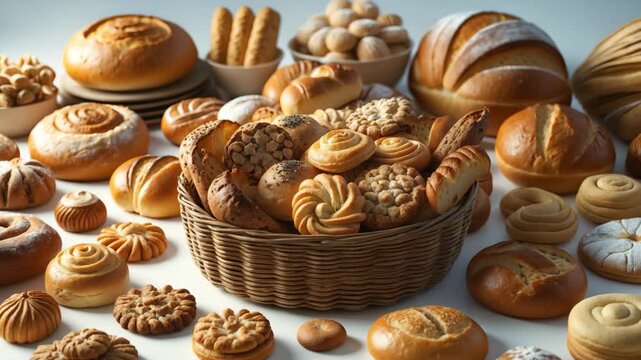 Collection of freshly baked bread products showcased on a backdrop.