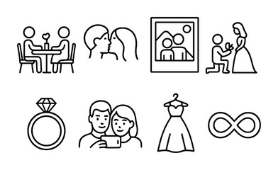 Romantic couple outline icons set – love, engagement, and wedding symbols for relationship design: dinner date, couple kiss, proposal, photo frame, engagement ring, selfie, dress, infinity
