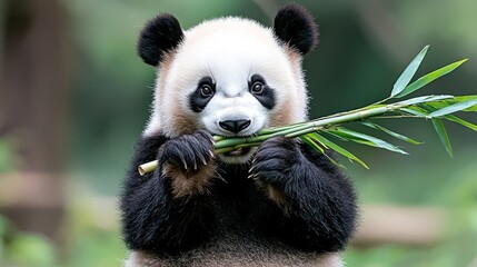 Obraz premium Adorable Panda Cub Eating Bamboo