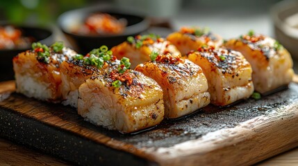 Sushi pieces with grilled toppings arranged on a wooden board food photography.