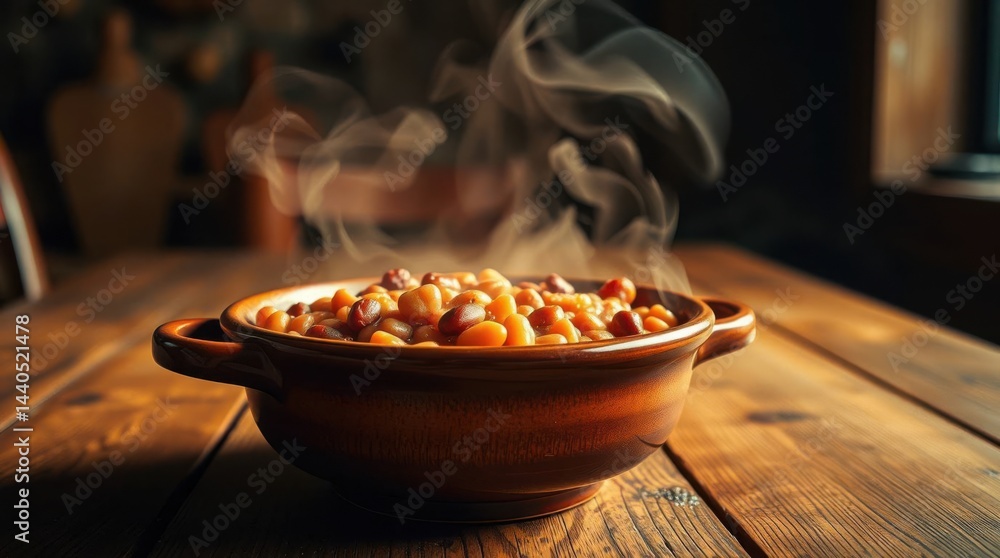 Poster steaming bowl of flavorful mixed beans, presented in a rustic setting on a wooden table. warm and in