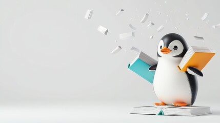 Obraz premium Penguin waddling with books almost falling, little sweat drop, on a clean white base. Mood: clumsy and cute