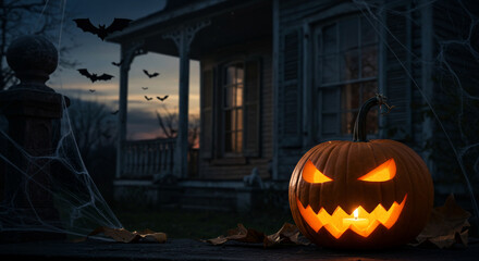 Spooky Halloween scene with a carved pumpkin, bats, and a haunted house at dusk.