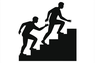 A powerful Vector silhouette of two figures ascending stairs./Two Figures Climbing Stairs, Symbolizing Teamwork and Support..