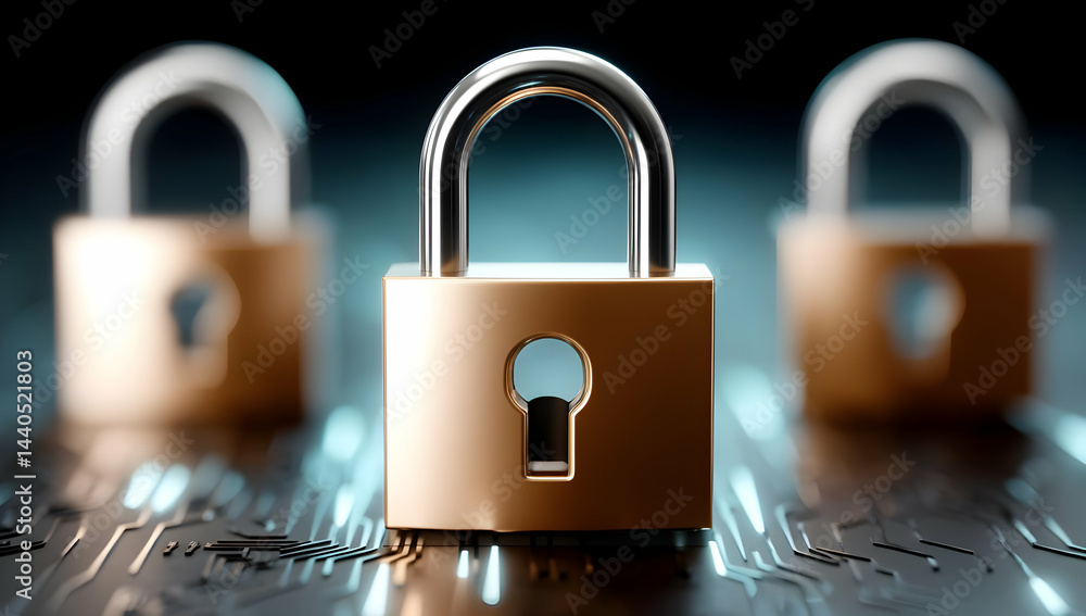 Poster close-up of bronze padlocks on a circuit board background, symbolizing security and protection in di