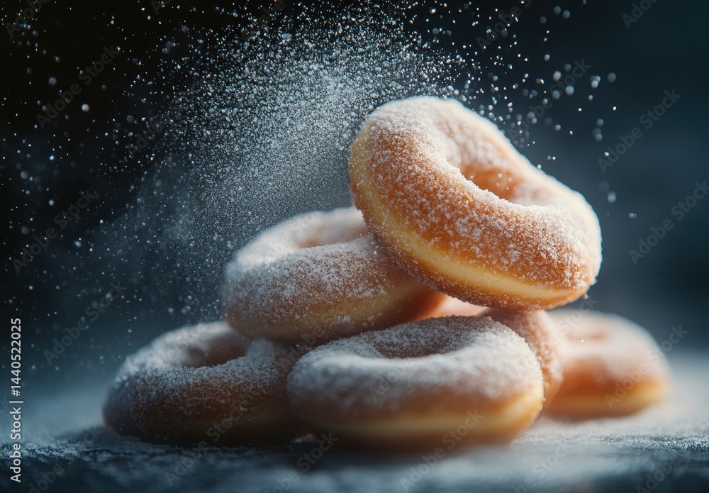 Poster freshly made sugary donuts stacked on a dark background with a dusting of powdered sugar captured in