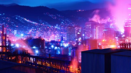 Fototapeta premium Vibrant cityscape at night showcasing industrial buildings and colorful lights against mountains