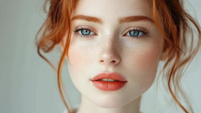 Close-up portrait of a beautiful young red-haired woman with freckles