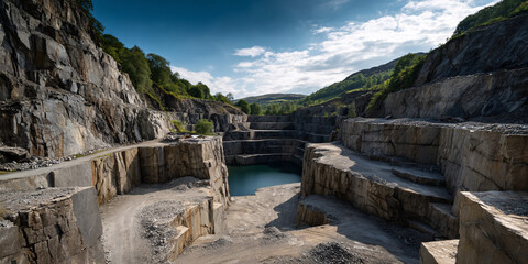 Terraced Quarry Pit Deep Excavation Site Open Pit Mine Landscape Industrial Terrain Extraction Site Multi Level Quarry Geological Formation Mining Operation
