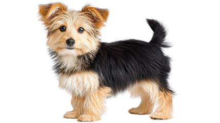 design element shows cute Yorkie mix puppy isolated on plain white.