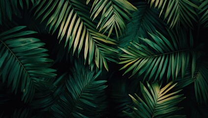 Lush, dark green palm fronds fill the frame, creating a tropical, textured background