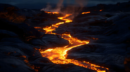 Glowing orange lava rivers cutting through black volcanic rock.