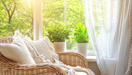 Cozy living room corner with sunlight and plants
