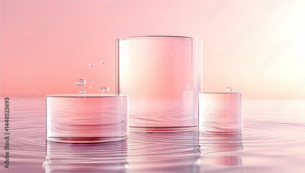 Poster elegant display of translucent glass containers with pink liquid, reflecting soft light on a smooth 